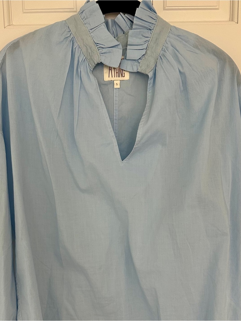 A Shirt Thing Pale Blue Ruffle-Neck Cotton Popover Shirt